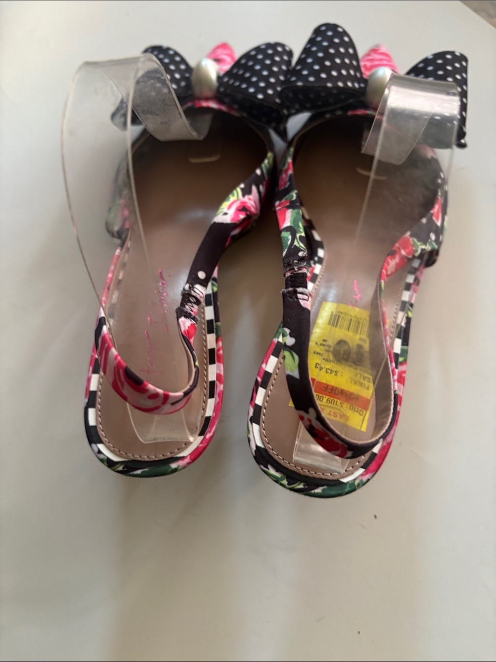 Betsey Johnson Black Floral Polka Dot Slingback Kitten Heels - Picture 4 of 8